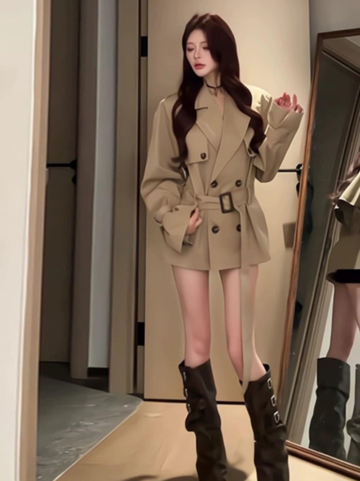 영국식 바람 카키 색 바람막이 여성 코트 봄 가을 새로운 고급 센스 품격 허리 수축 작은 키 쇼트 스타일 코트 이미지 4