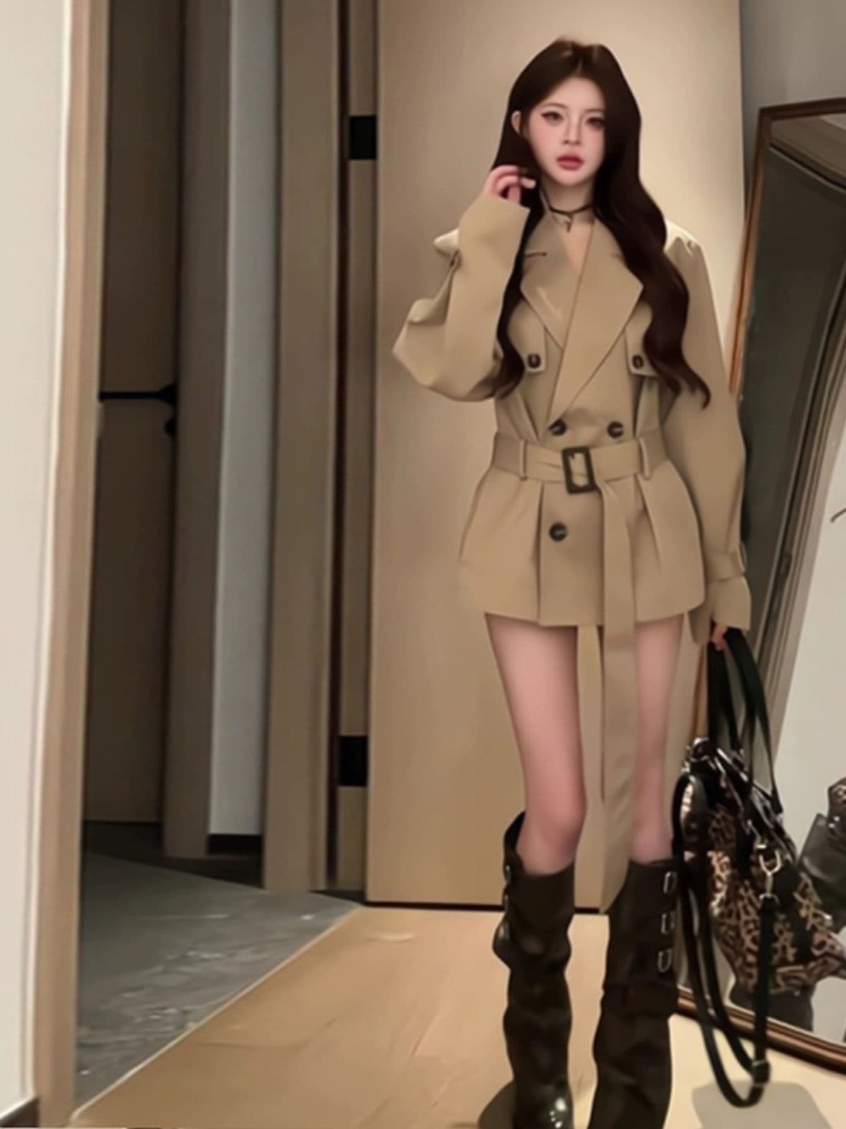 영국식 바람 카키 색 바람막이 여성 코트 봄 가을 새로운 고급 센스 품격 허리 수축 작은 키 쇼트 스타일 코트 상세 이미지 2