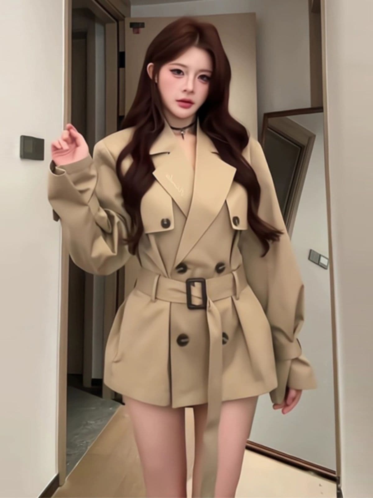 영국식 바람 카키 색 바람막이 여성 코트 봄 가을 새로운 고급 센스 품격 허리 수축 작은 키 쇼트 스타일 코트 상세 이미지 3