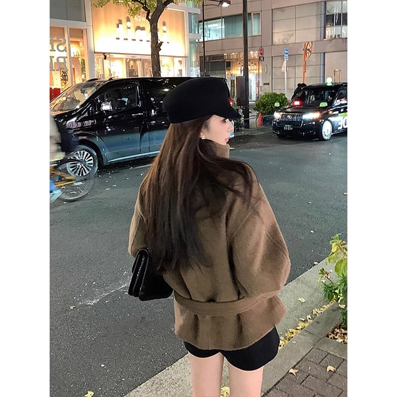 쇼트 스타일 스탠드 칼라 모직 코트 여성 가을 겨울 의류 한 부서 빛 럭셔리 명문 여성 품격 그는 벤 바람 작은 키 모직 외투 이미지 2
