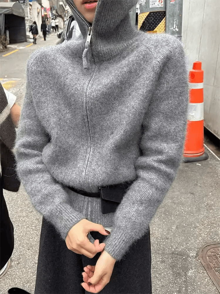 한 부서 느슨함 센스 터틀넥 부드러운 찹쌀 스웨터 여성 코트 가을 겨울 새로운 더블 지퍼 오픈 가디건 보온 털이 많은 맨위