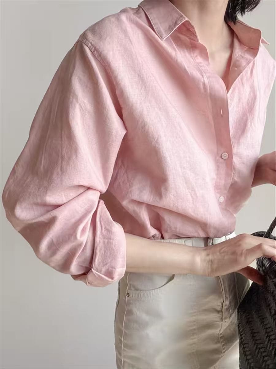아마 긴팔 핑크색 여성 셔츠 26 가을 얇은 스타일 출퇴근 루즈핏 캐주얼 고급 면 린넨 셔츠 품격 맨위 이미지 4