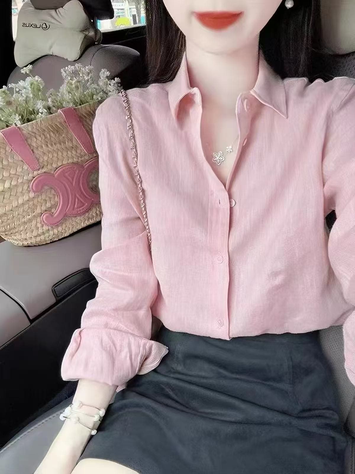 아마 긴팔 핑크색 여성 셔츠 26 가을 얇은 스타일 출퇴근 루즈핏 캐주얼 고급 면 린넨 셔츠 품격 맨위 상세 이미지 1