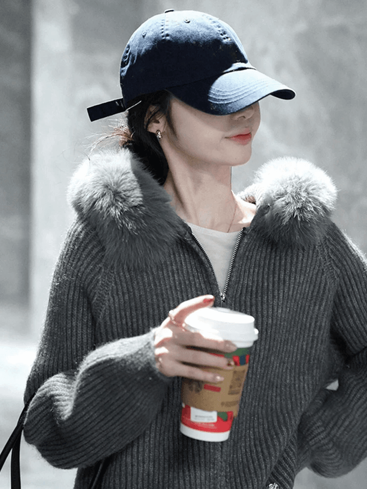 한 부서 회색 모피 칼라 후드 니트 지퍼 오픈 가디건 여성 코트 가을 겨울 느긋한 바람 스웨터 디자인 센스 맨위 두꺼움 이미지 4