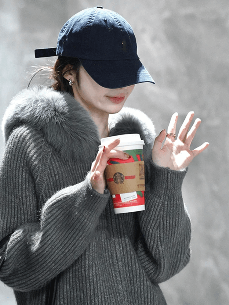 한 부서 회색 모피 칼라 후드 니트 지퍼 오픈 가디건 여성 코트 가을 겨울 느긋한 바람 스웨터 디자인 센스 맨위 두꺼움 상세 이미지 1