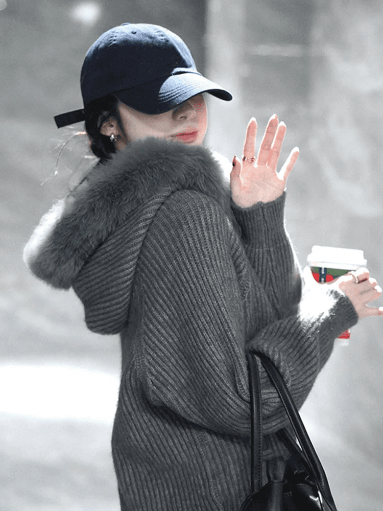 한 부서 회색 모피 칼라 후드 니트 지퍼 오픈 가디건 여성 코트 가을 겨울 느긋한 바람 스웨터 디자인 센스 맨위 두꺼움 상세 이미지 3