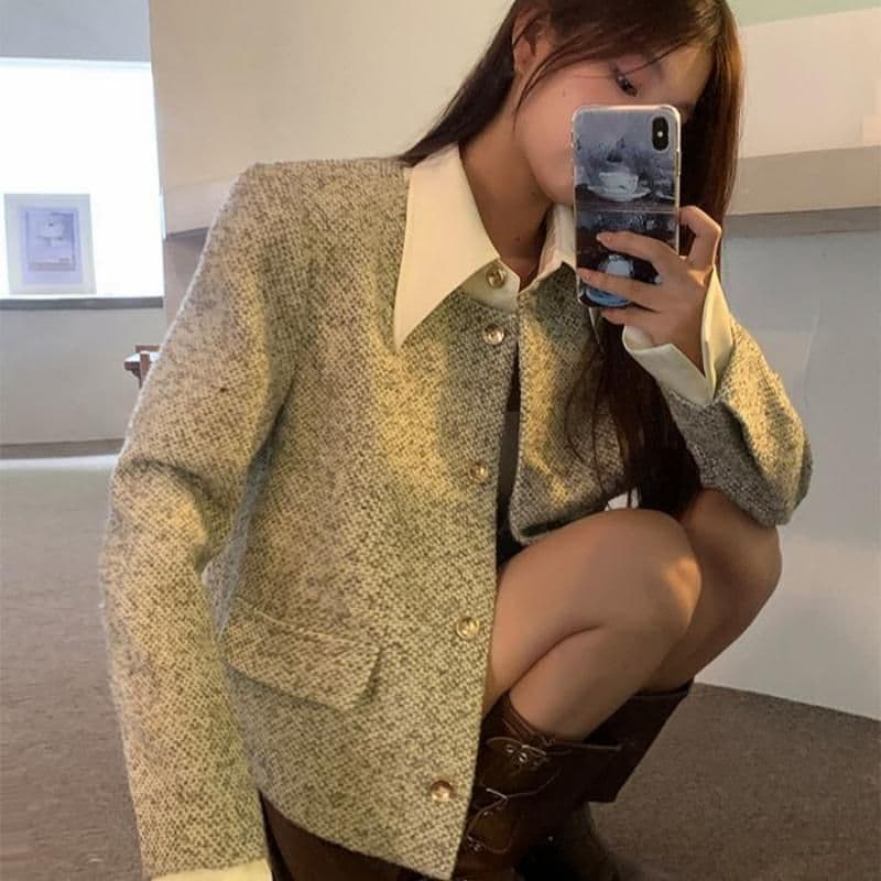 2026 가을 겨울 한 부서 페이크 레이어드 패치워크 폴로 칼라 작은 샤넬 스타일 있음 인사이드 리가 어깨 패드 원본 크기 상세 이미지 1