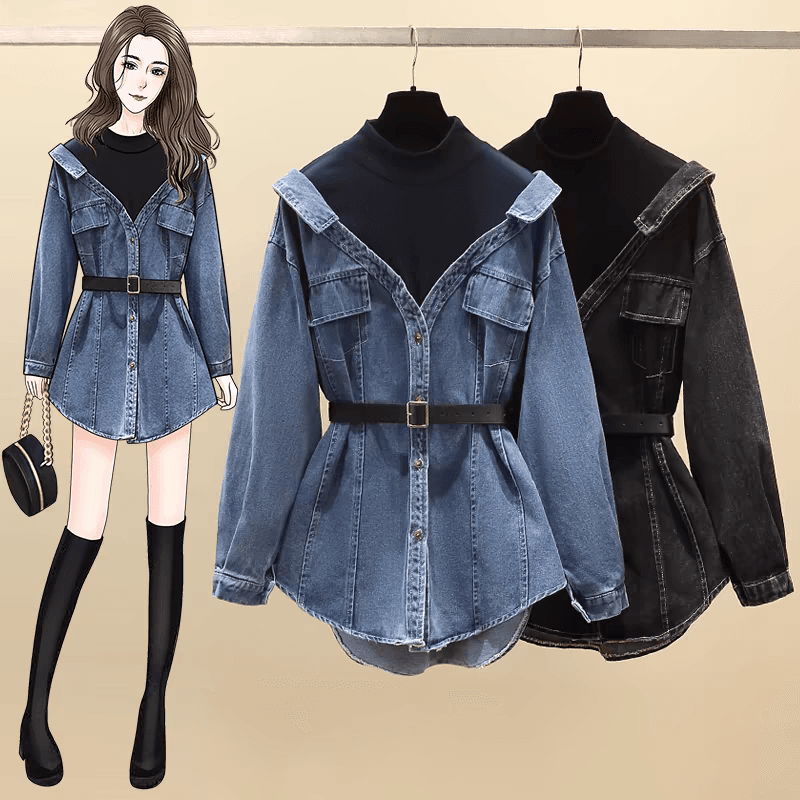 카운터 계절 정리 홍콩 느낌 chic 레트로 페이크 레이어드 데님 셔츠 재킷 2026 조기 가을 패치워크 맨위