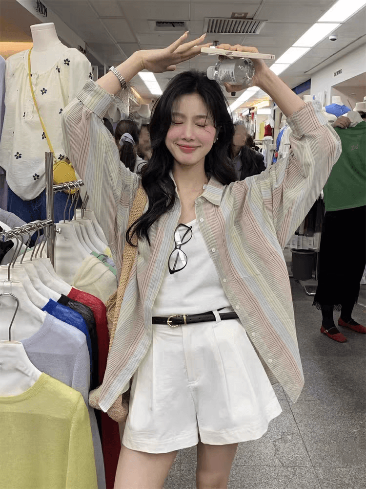 광저우 열세 개 여성 의류 순면 스트라이프 여성 셔츠 고급 센스 빛 럭셔리 연령 감소 외국 가스 슈퍼 잘 생긴 싱글 착용 셔츠 상세 이미지 2