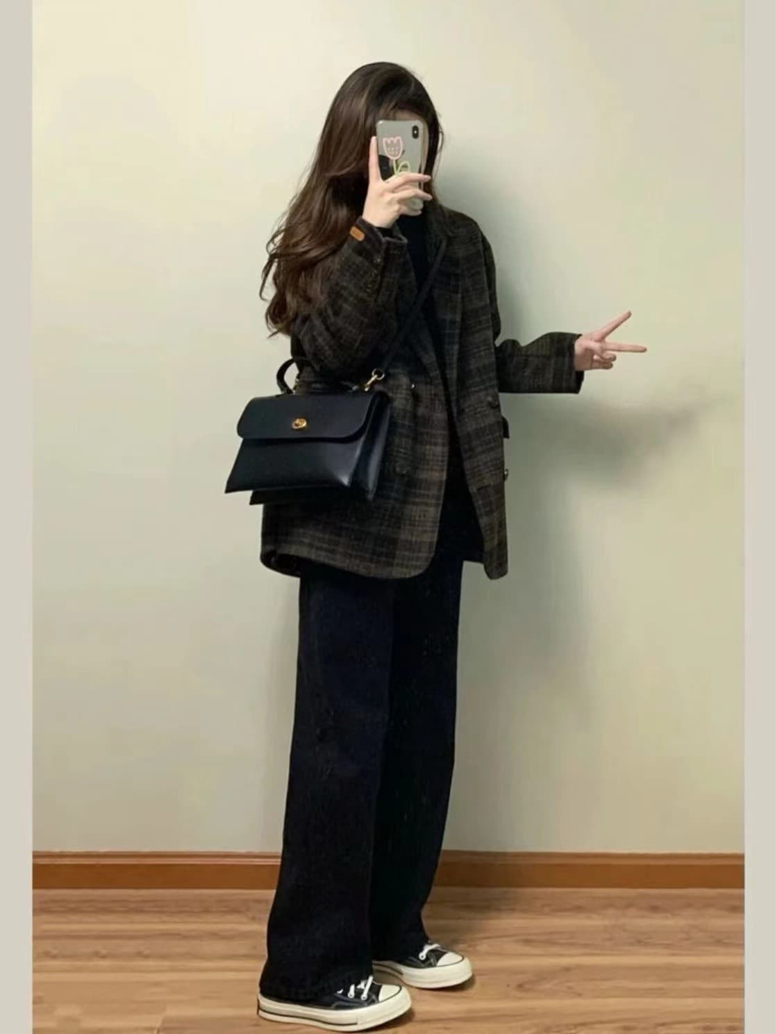 레트로 체크무늬 모직 여성 코트 플러스 면 두꺼운 정장 칼라 오래된 돈 바람 느긋한 패션 고급 세련된 맨위 트렌디 이미지 4