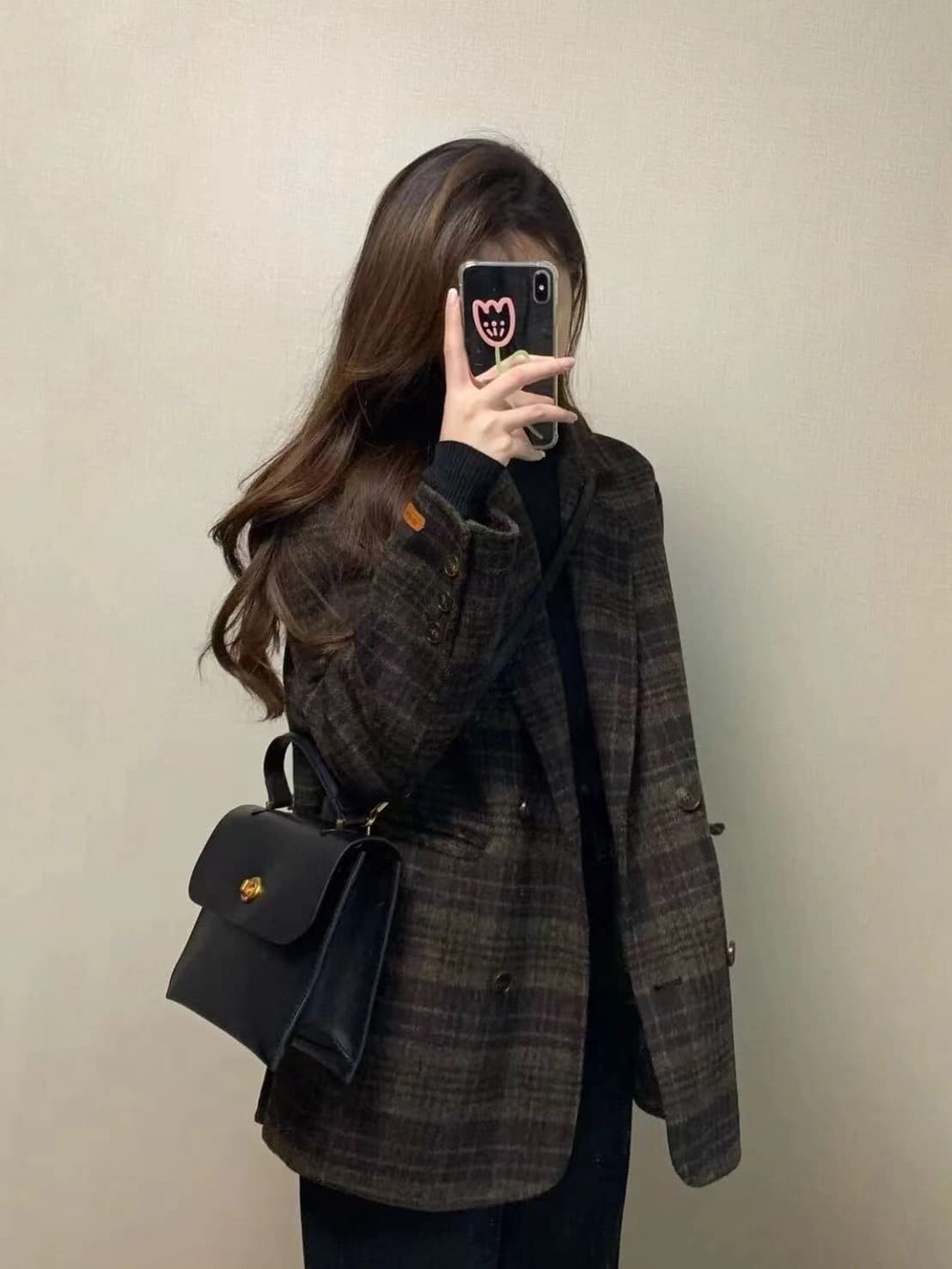 레트로 체크무늬 모직 여성 코트 플러스 면 두꺼운 정장 칼라 오래된 돈 바람 느긋한 패션 고급 세련된 맨위 트렌디 이미지 2