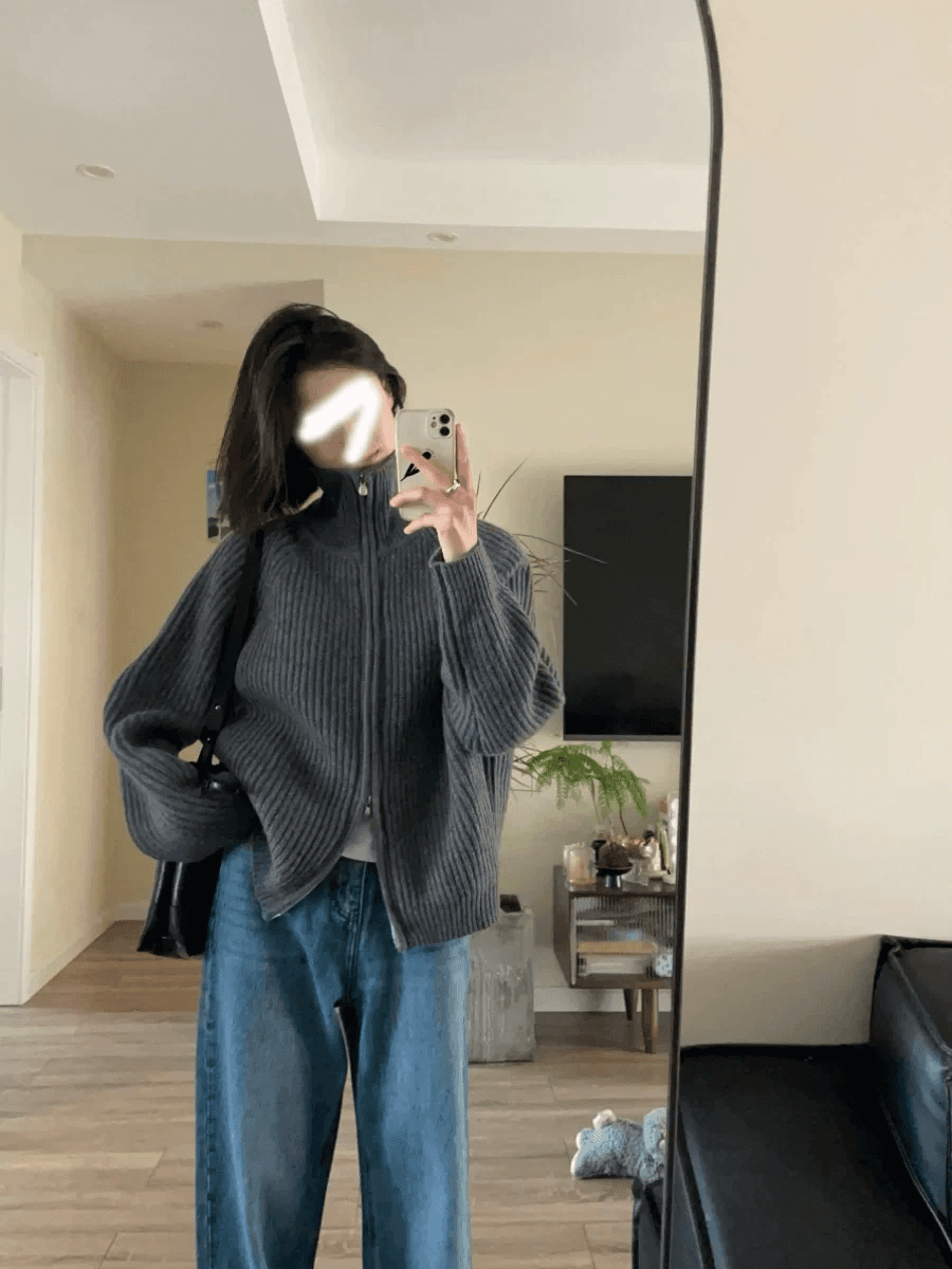 레트로 회색 폴로 칼라 니트 스웨터 오픈 가디건 여성 코트 가을 겨울철 루즈핏 느긋한 바람 외출용 더블 지퍼 터틀넥 이미지 4