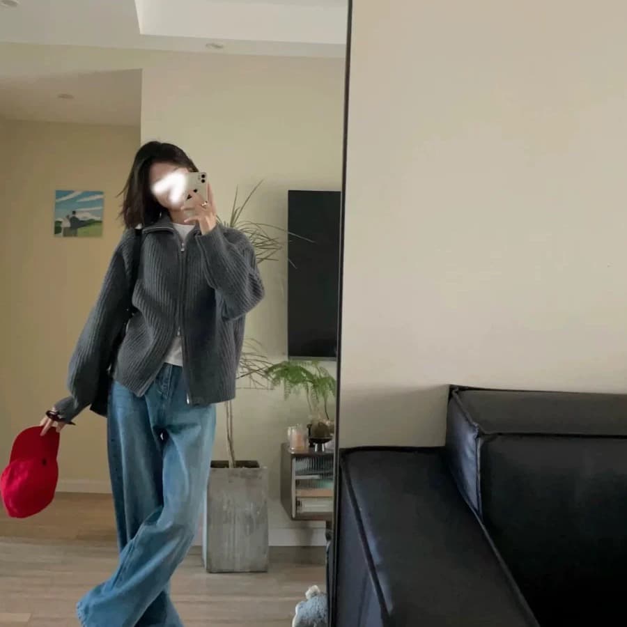 레트로 회색 폴로 칼라 니트 스웨터 오픈 가디건 여성 코트 가을 겨울철 루즈핏 느긋한 바람 외출용 더블 지퍼 터틀넥 이미지 5