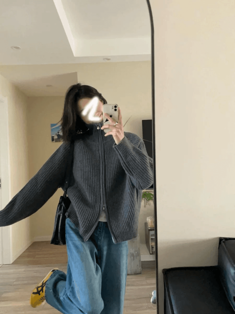 레트로 회색 폴로 칼라 니트 스웨터 오픈 가디건 여성 코트 가을 겨울철 루즈핏 느긋한 바람 외출용 더블 지퍼 터틀넥 상세 이미지 4