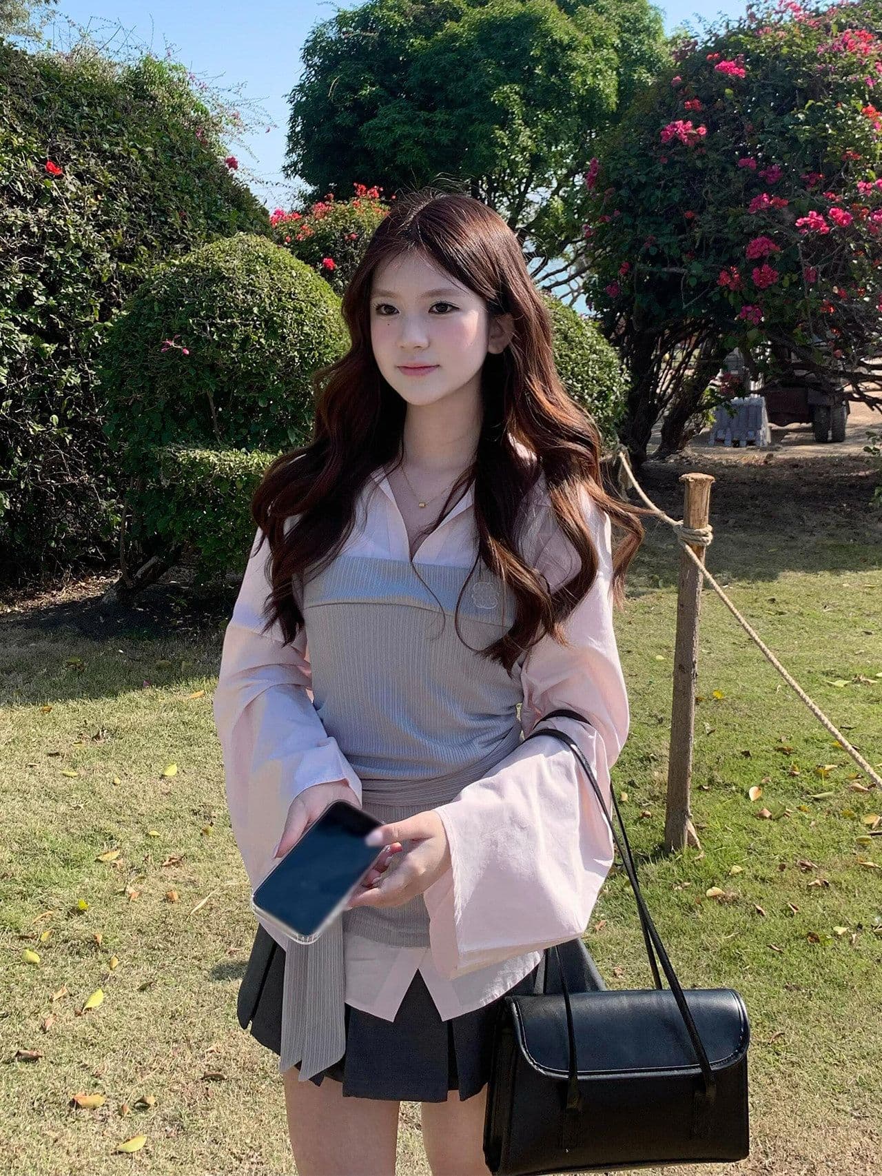 이른 가을 아름다운 전체 집합 ootd 캐주얼 착용 가져 가라. 디자인 센스 패치워크 페이크 레이어드 셔츠 플리츠 치마 세트 여성 의류 이미지 3