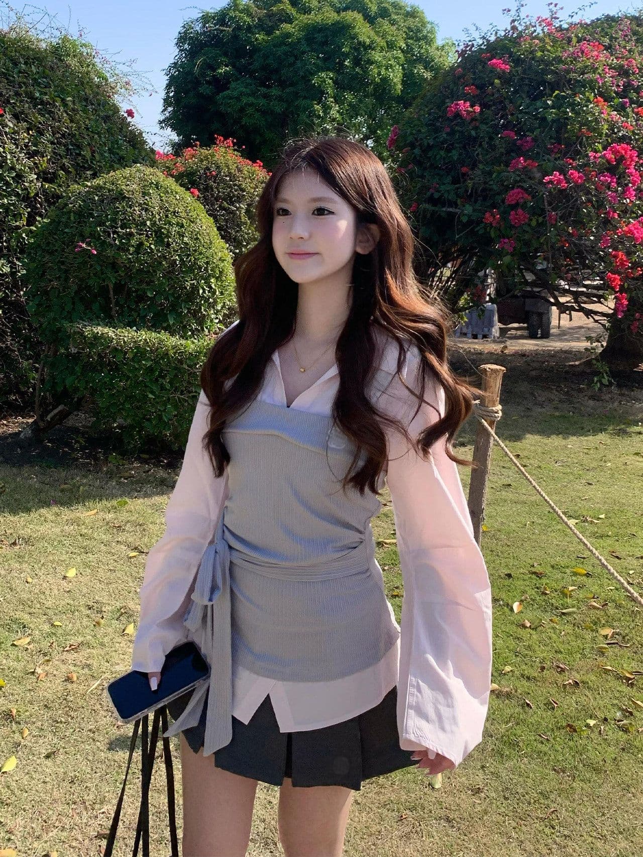이른 가을 아름다운 전체 집합 ootd 캐주얼 착용 가져 가라. 디자인 센스 패치워크 페이크 레이어드 셔츠 플리츠 치마 세트 여성 의류 상세 이미지 2
