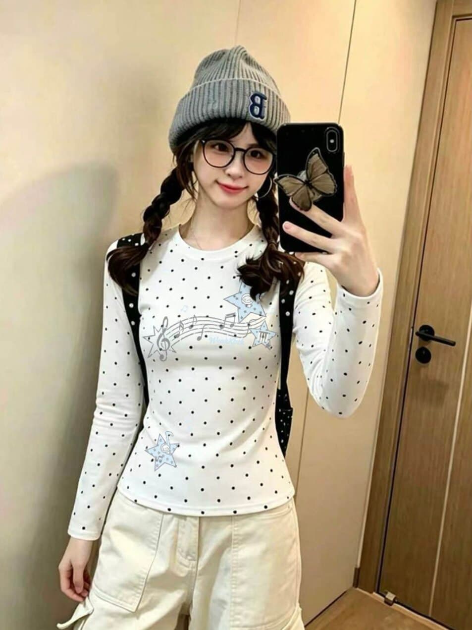 느낌 92 면 8 암모니아 Lun 몸매 가꾸기 허리 수축 천 도트 무늬 프린트 긴팔 티셔츠 여성 상세 이미지 3