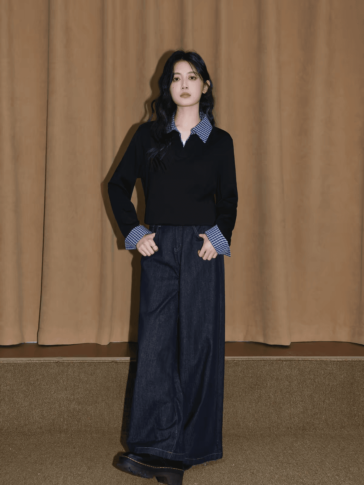 검정색 페이크 레이어드 V넥 긴팔 티셔츠 여성 봄 가을 2026 새로운 체크무늬 패치워크 긍정적 인 어깨 동정 인사이드 잡아라. 의류 이미지 3