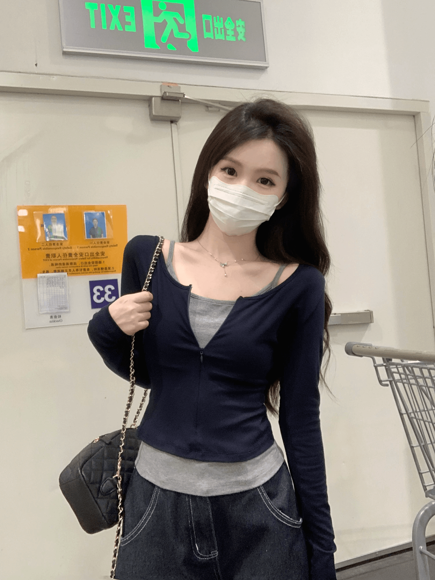 블루 색상 하프 지퍼 디자인 센스 긴팔 티셔츠 맨위 여성 가을 순수한 욕망 몸매 가꾸기 캐미솔 투피스 슈트 상세 이미지 4