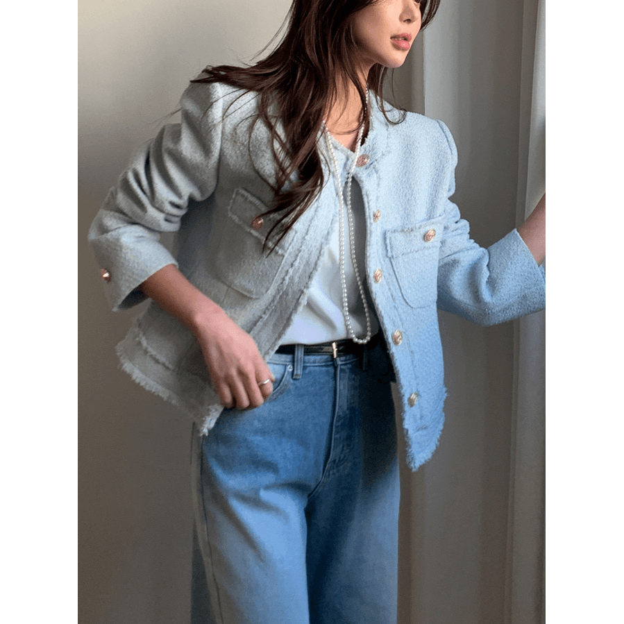 트위드 작은 샤넬 스타일 라운드 넥 재킷 한국 스타일 chic 빛 요리 한 패션 명문 여성 숙녀 이미지 5