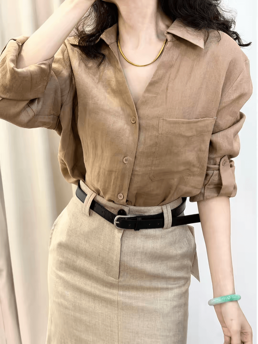 프랑스식 오래된 돈 바람 루즈핏 아마 POLO 칼라 여성 셔츠 가을 빛 요리 한 느슨함 센스 루즈핏 긴팔 맨위 이미지 4