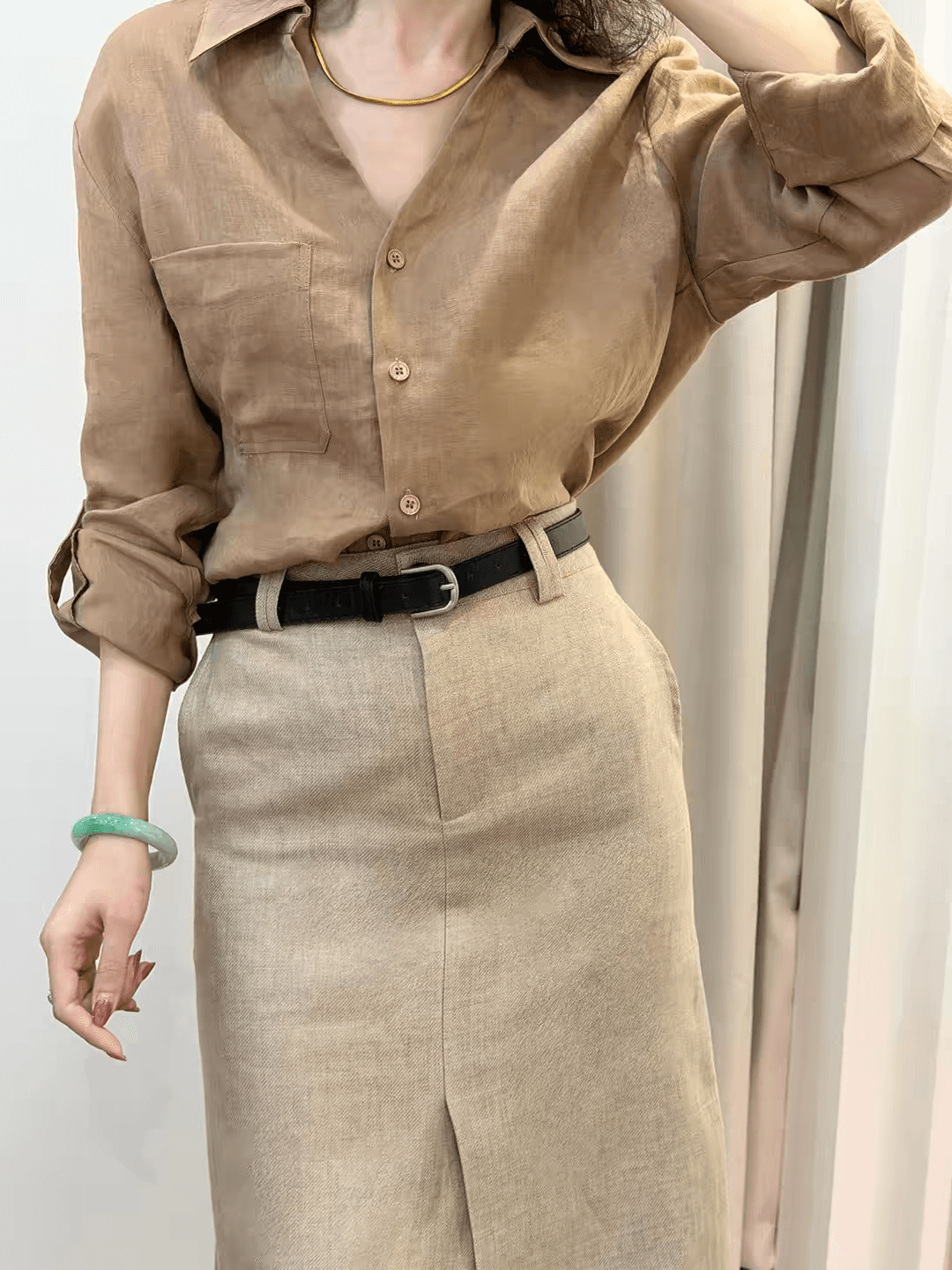 프랑스식 오래된 돈 바람 루즈핏 아마 POLO 칼라 여성 셔츠 가을 빛 요리 한 느슨함 센스 루즈핏 긴팔 맨위 상세 이미지 3