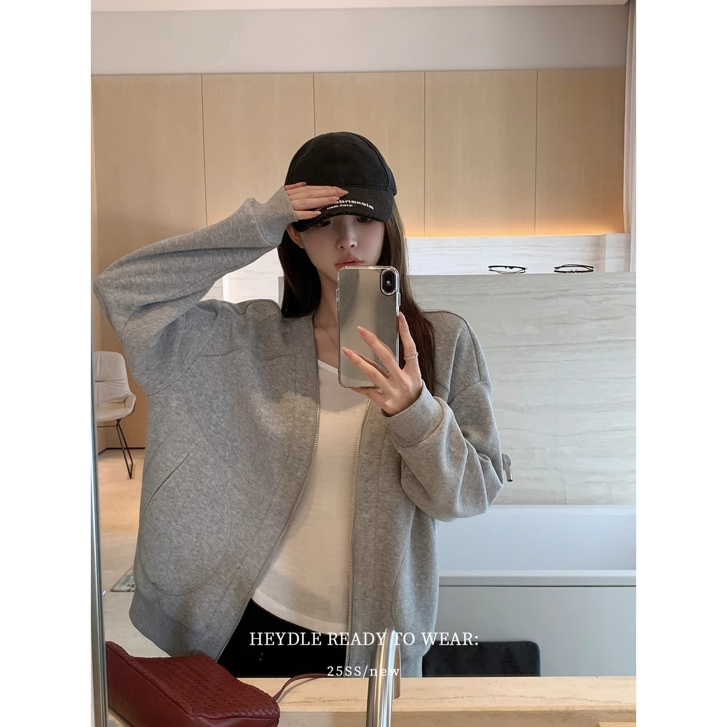검은 콩 흠 캐주얼 해체 V넥 지퍼 회색 후드티 재킷 가을 루즈핏 느긋한 바람 다용도 맨위