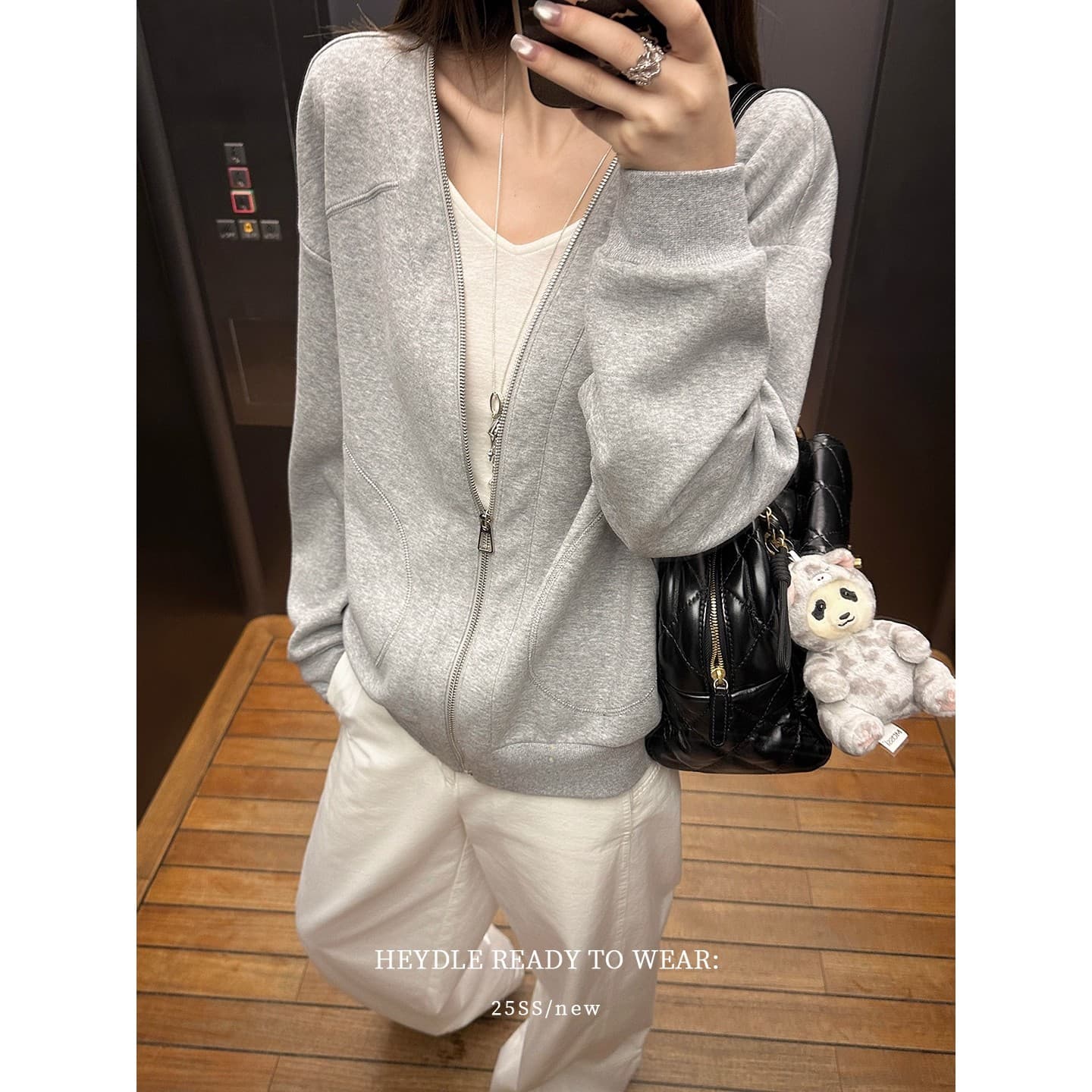검은 콩 흠 캐주얼 해체 V넥 지퍼 회색 후드티 재킷 가을 루즈핏 느긋한 바람 다용도 맨위 상세 이미지 3