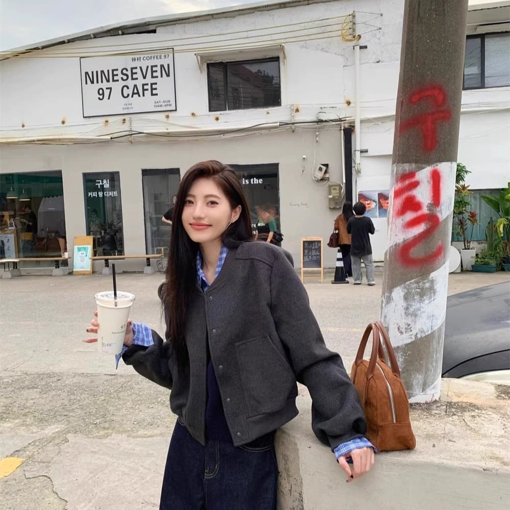 한 부서 레트로 회색 야구 유니폼 여성 코트 가을 새로운 고급 센스 느긋한 바람 루즈핏 캐주얼 재킷 맨위 이미지 3