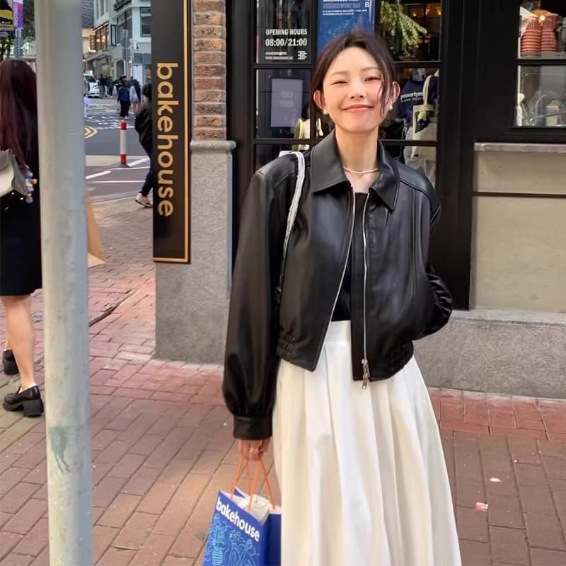 검정색 쇼트 스타일 가죽 재킷 여성 코트 재킷 2026 가을 새로운 폭발 고급 센스 고유 한 슈퍼 잘 생긴 작은 키 상세 이미지 1