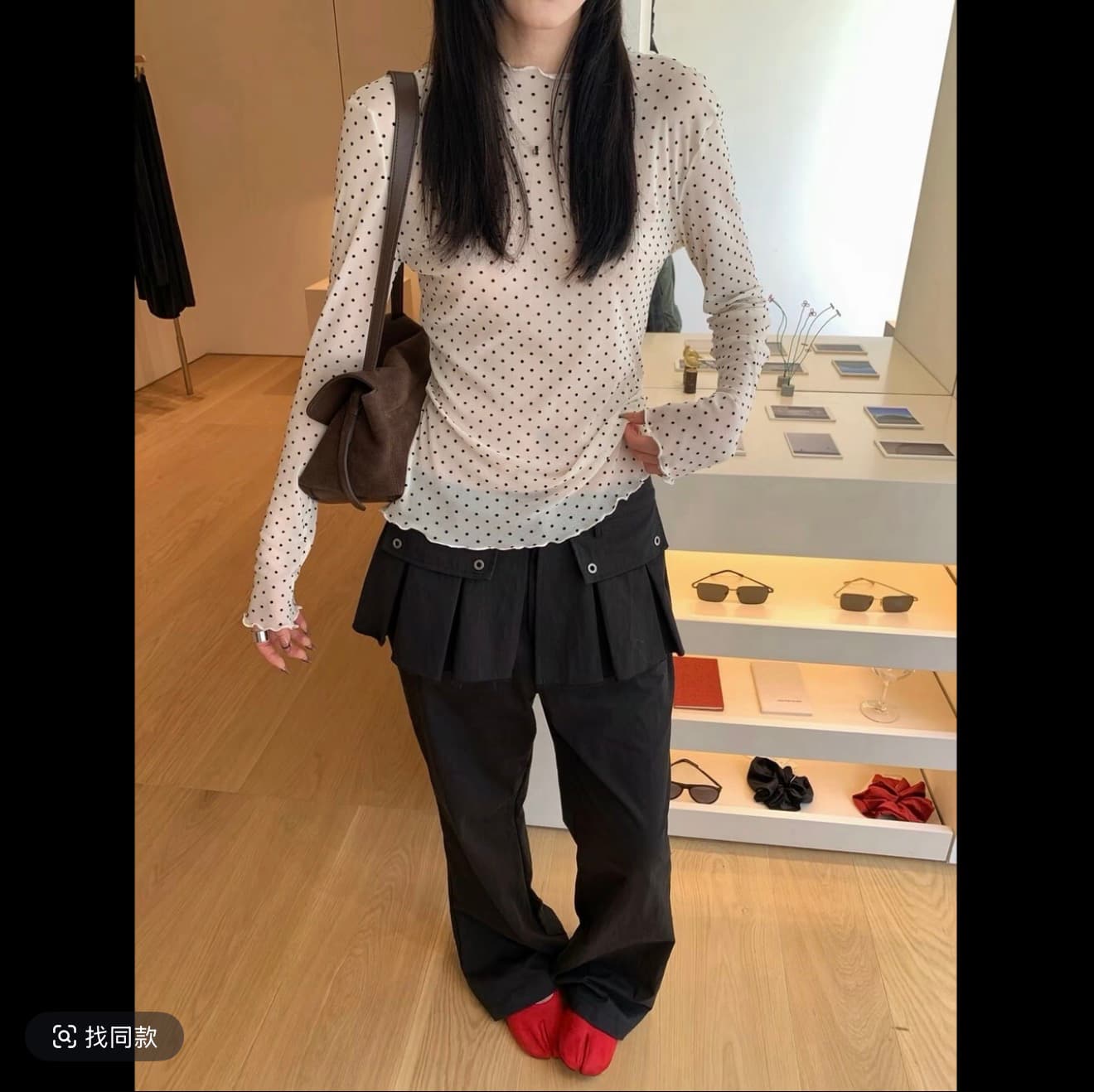 한국 스타일 가을 도트 무늬 볼륨 측면 숙녀 미니멀리즘 만나는 작은 셔츠 이미지 3