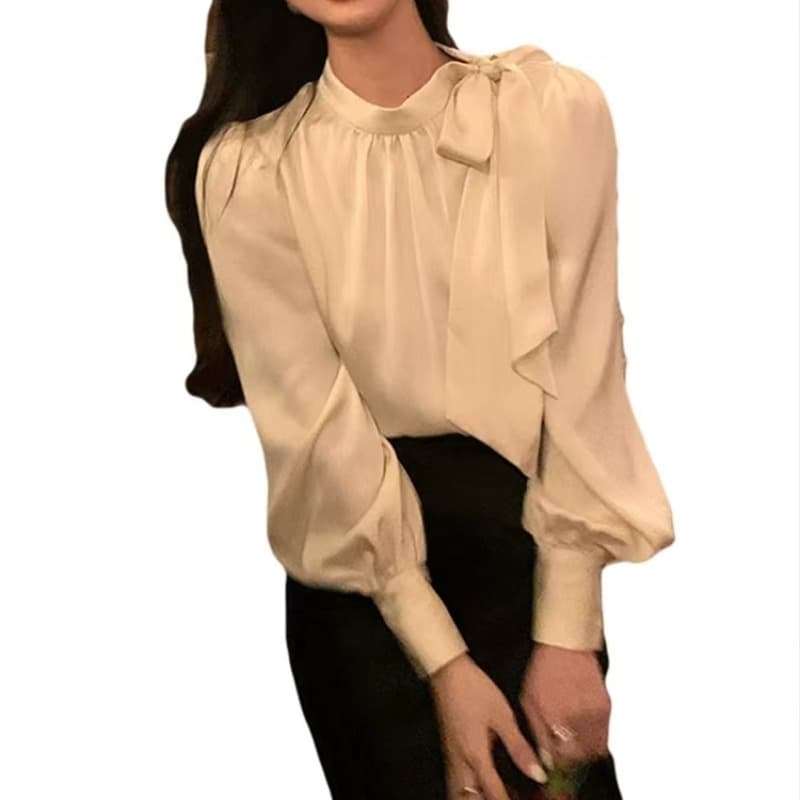 나비 매듭 화이트 여성 셔츠 봄 가을 디자인 센스 작은 대중 프랑스식 경력 아세트산 새틴 셔츠 작은 키 맨위 상세 이미지 3