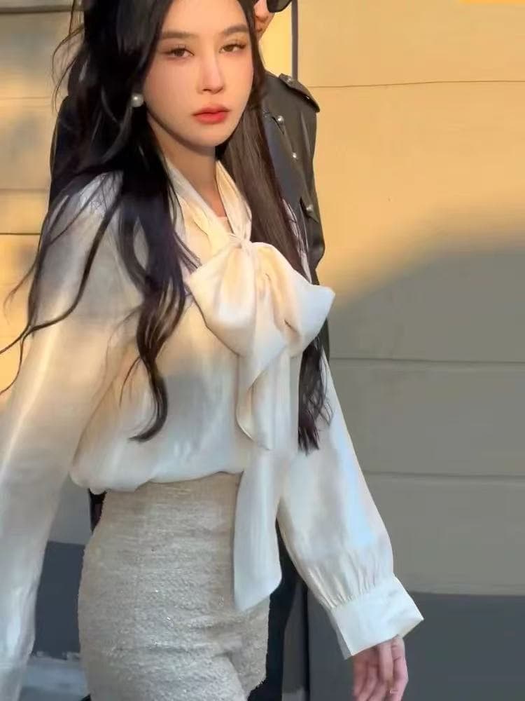 프랑스식 품격 긴팔 나비 매듭 셔츠 여성 이른 봄 새로운 궁정 바람 새틴 인사이드 가져 가라. 디자인 센스 작은 대중 셔츠 이미지 3