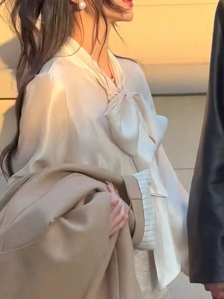 프랑스식 품격 긴팔 나비 매듭 셔츠 여성 이른 봄 새로운 궁정 바람 새틴 인사이드 가져 가라. 디자인 센스 작은 대중 셔츠 상세 이미지 1