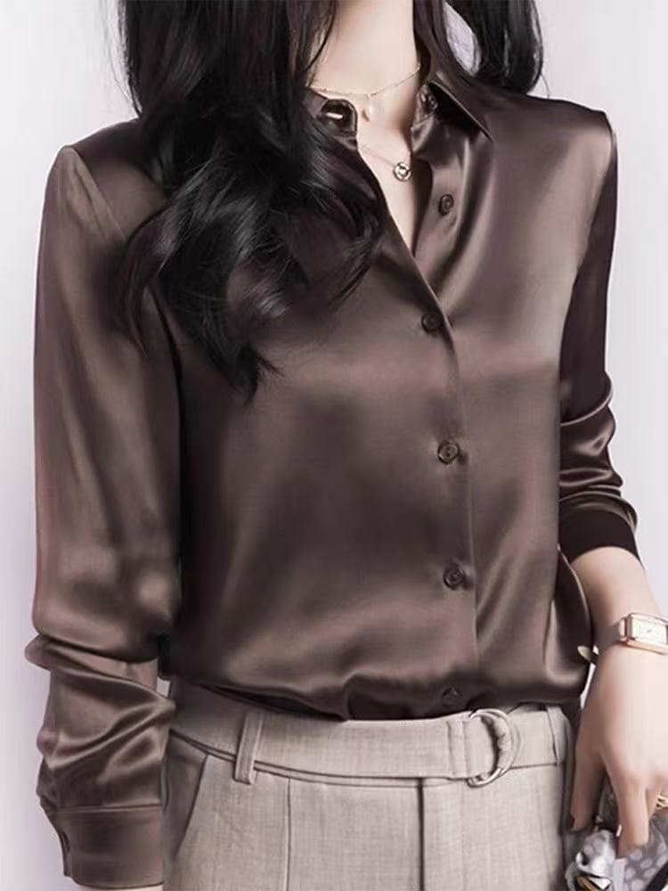 커피 색상 새틴 셔츠 여성 2026 가을 새로운 품격 유럽 상품 고급 센스 다용도 경력 ol 긴팔 셔츠 상세 이미지 1