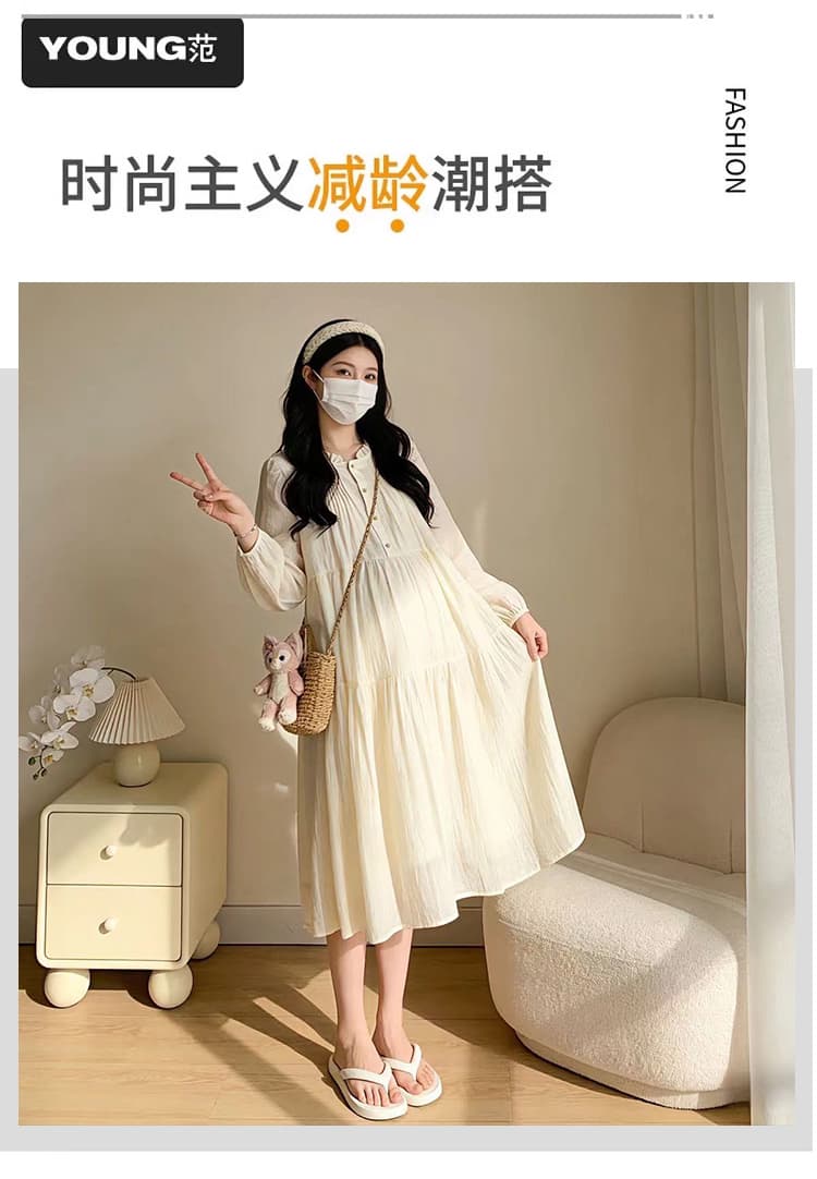 실사 봄 드레스 드레스 2026 새로운 품격 연령 감소 출산 착용 루즈핏 라운드 넥 표지 배 확실하지 않음 임신 한 출산 스커트 상세 이미지 2