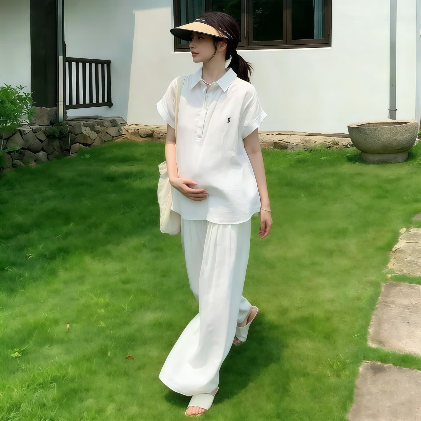임산부 여름 세트 2026 새로운 POLO 칼라 고급 센스 화이트 셔츠 와이드 레그 팬츠 투피스 세트 캐주얼 여름 여성 이미지 5