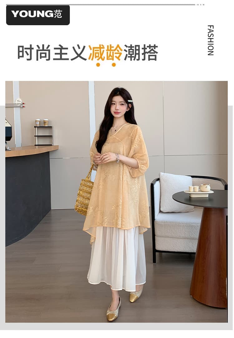 실사 출산 착용 2026 여름 새로운 프랑스식 부드러운 바람 자수 블라우스 드레스 품격 슬립 드레스 투피스 세트 상세 이미지 2
