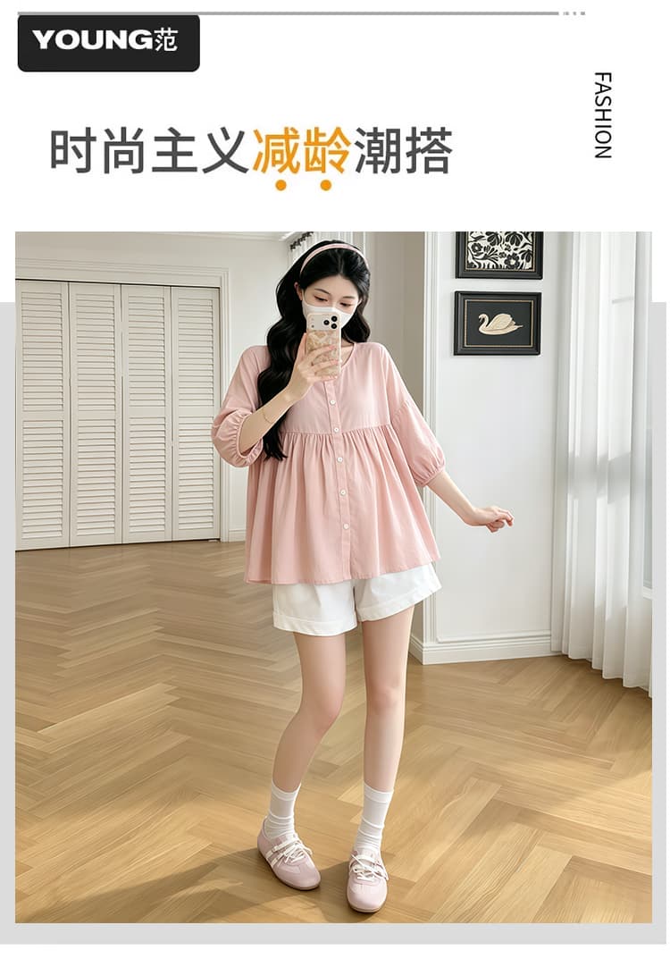 실사 출산 착용 맨위 여름 드레스 외국 가스 표지 임신 배 반팔 인형 셔츠 반소매 셔츠 루즈핏 여름 얇은 스타일 여성 상세 이미지 2