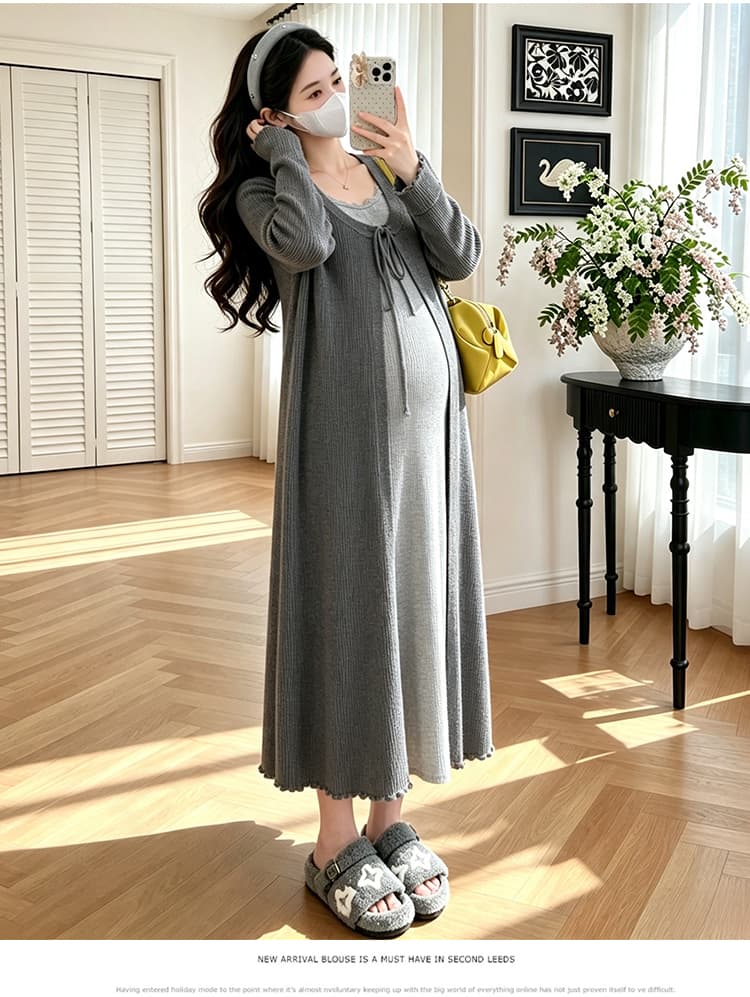 실사 임산부 드레스 2026 년 가을 신제품 루즈핏 패션 외국 가스 슬림해 보이는 페이크 레이어드 롱 스커트 상세 이미지 20