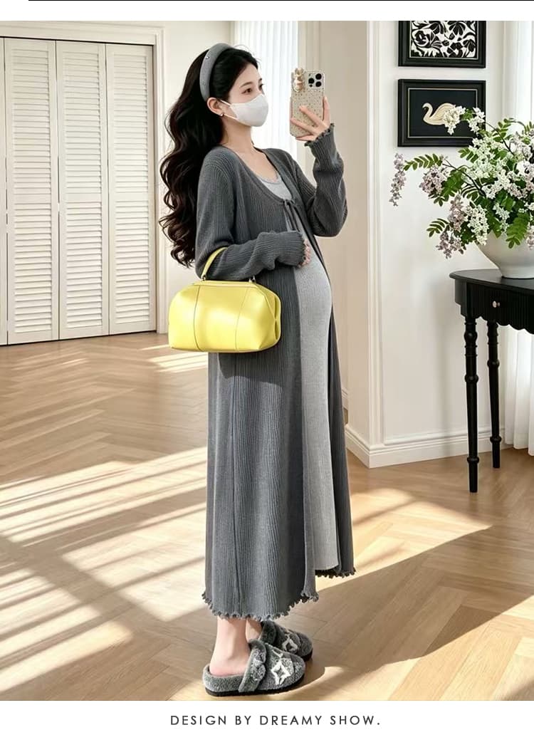 실사 임산부 드레스 2026 년 가을 신제품 루즈핏 패션 외국 가스 슬림해 보이는 페이크 레이어드 롱 스커트 상세 이미지 23
