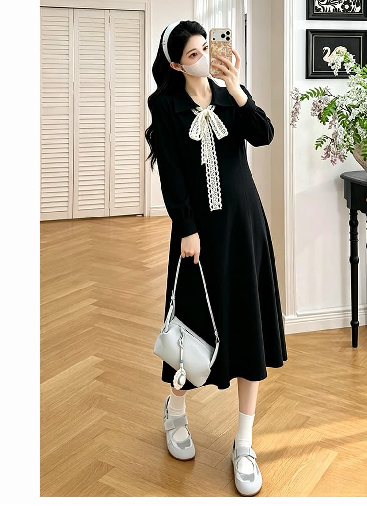출산 착용 가을 겨울 2026 새로운 니트 폴로 칼라 레이스업 나비 매듭 여성 드레스 슬림해 보이는 루즈핏 만나는 롱 스커트 상세 이미지 15