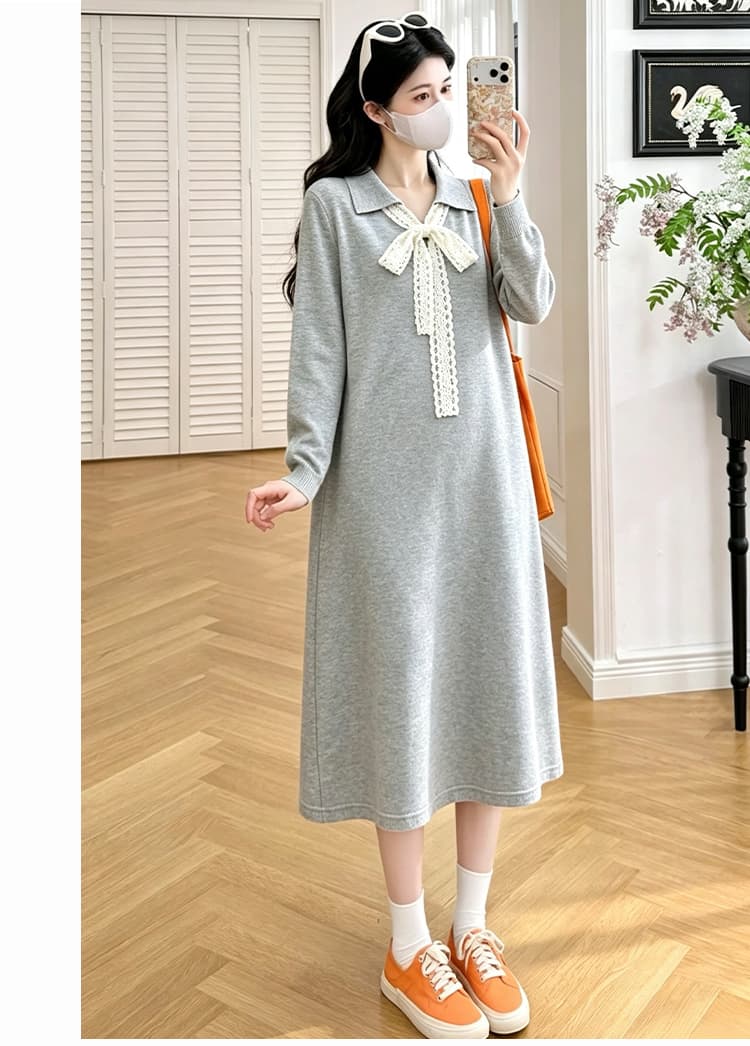 출산 착용 가을 겨울 2026 새로운 니트 폴로 칼라 레이스업 나비 매듭 여성 드레스 슬림해 보이는 루즈핏 만나는 롱 스커트 상세 이미지 23