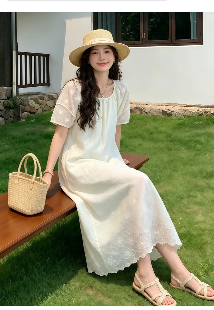 실사 출산 착용 2026 여름 새로운 프랑스식 레트로 자수 반팔 버블 드레스 품격 루즈핏 롱 스커트 상세 이미지 4