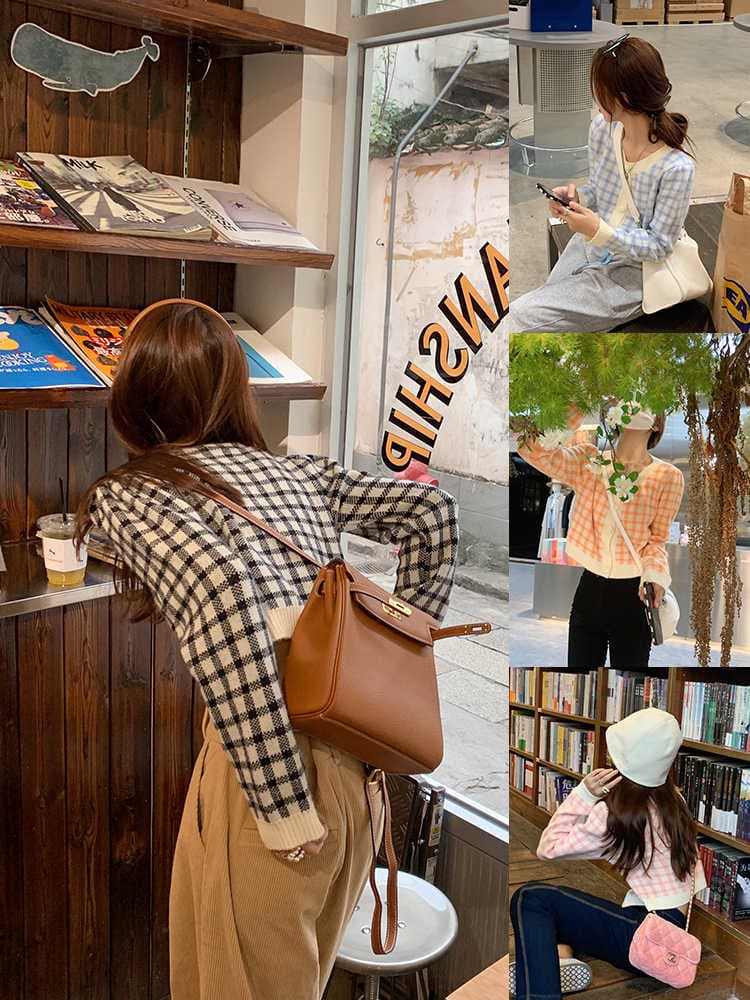새로운 쇼트 스타일 스웨터 여성 코트 체스 판 그리드 체크무늬 니트 오픈 가디건 슬림해 보이는 부드러운 찹쌀 긴팔 맨위 이미지 3