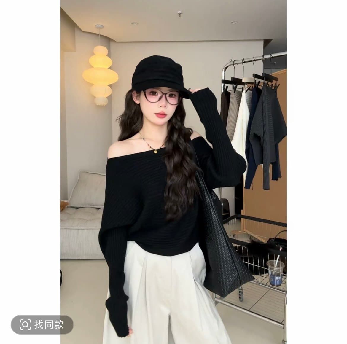 인터넷 유명인 단색 루즈핏 오프숄더 긴팔 니트 스웨터 여성 가을 외출용 캐주얼 박쥐 셔츠 맨위 만나는 상세 이미지 5