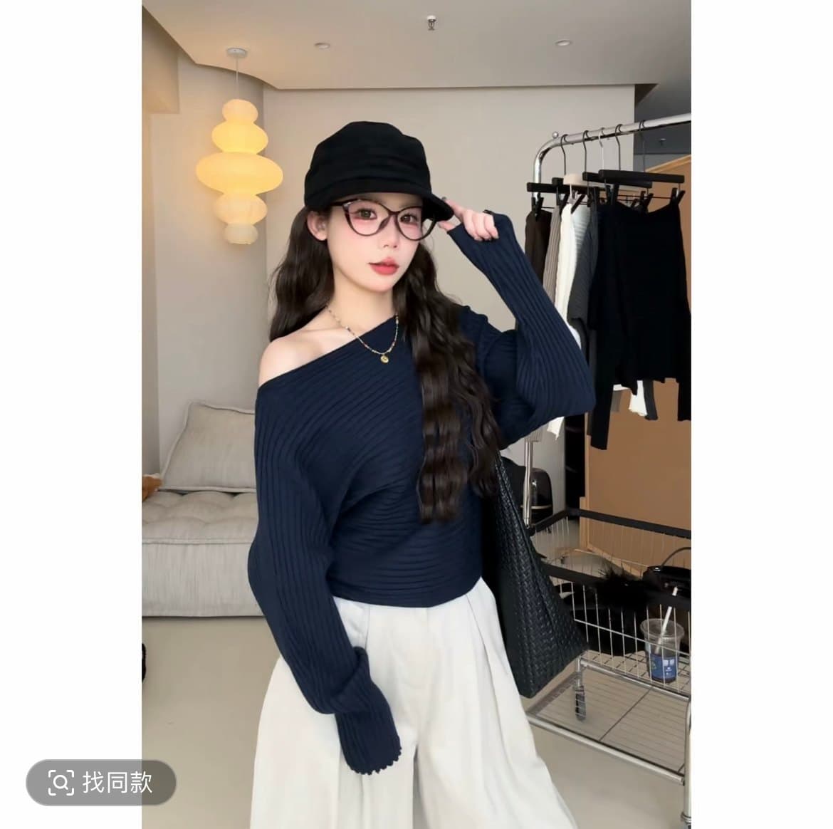 인터넷 유명인 단색 루즈핏 오프숄더 긴팔 니트 스웨터 여성 가을 외출용 캐주얼 박쥐 셔츠 맨위 만나는 상세 이미지 7