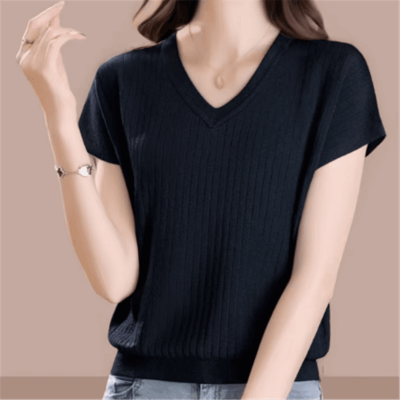 빅 사이즈 루즈핏 새로운 V넥 스트라이프 미니멀리즘 반팔 니트 스웨터 여성 빅 사이즈 다용도 슬림해 보이는 캐주얼 상세 이미지 7