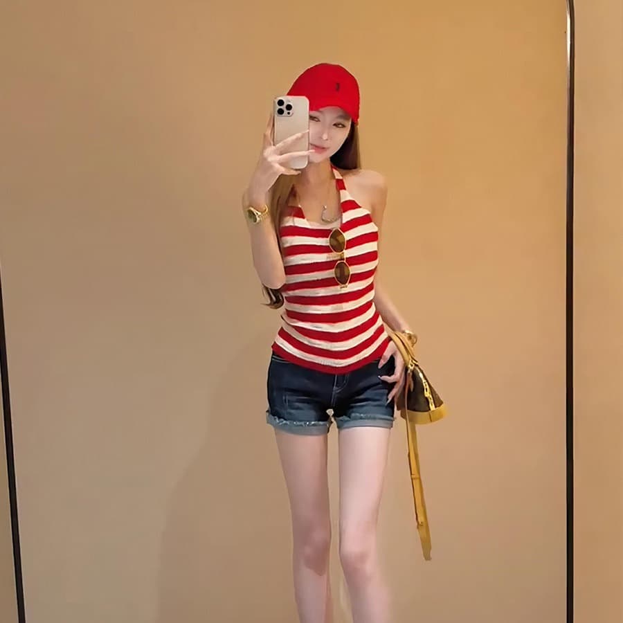 프랑스식 스트라이프 니트 행침 목 캐미솔 봄 여름 휴가 바람 외출용 백리스 핫걸 쇼트 스타일 민소매 맨위 이미지 5