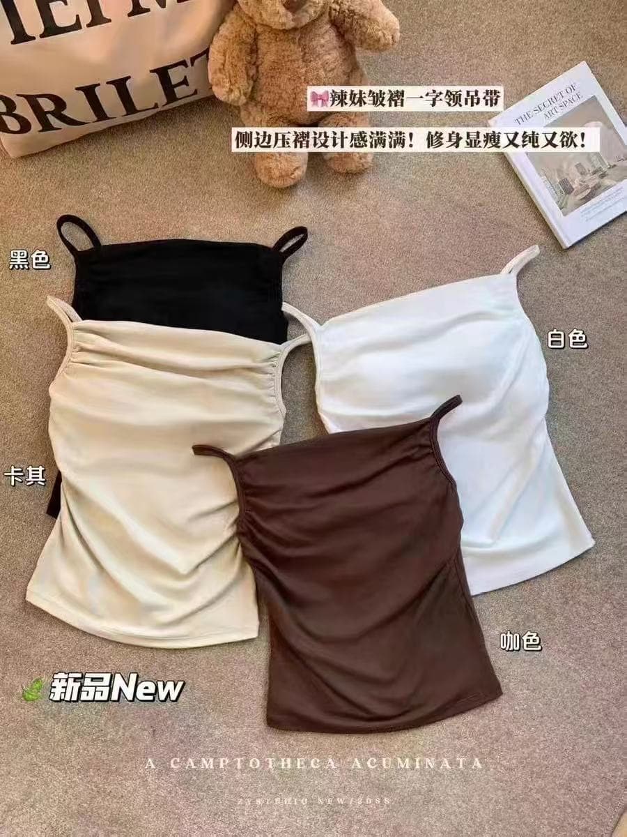 보트넥 핫걸 섹시함 벨트 가슴 패드 작은 슬링 조끼 여름 주름 수 있습니다. 외부 아름다움 뒤로 니트 인사이드 가져 가라. 만나는 여성 상세 이미지 40